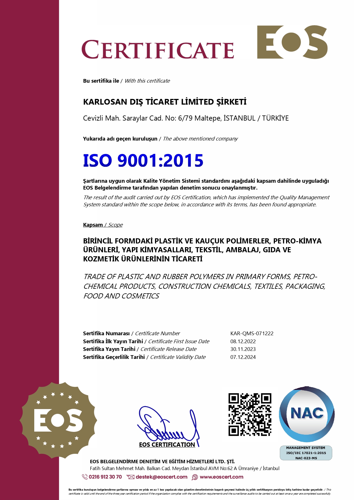 ISO 9001:2015 Kalite Yönetim Sistemi